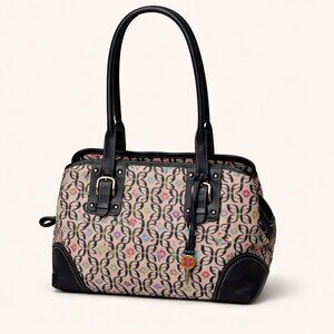 Fossil Signature Canvas & Leather Satchel Y2k Black Tan Pre-Owned